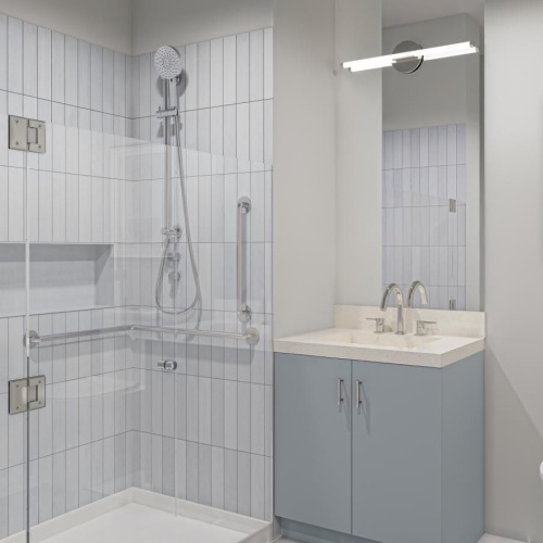 a bathroom with a shower and toilet