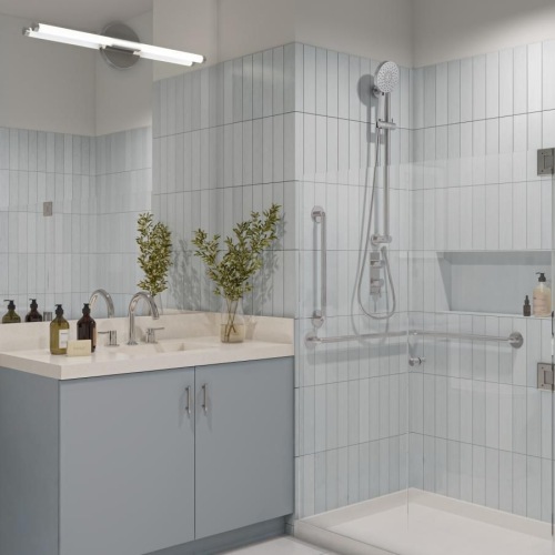 a bathroom with a shower and toilet