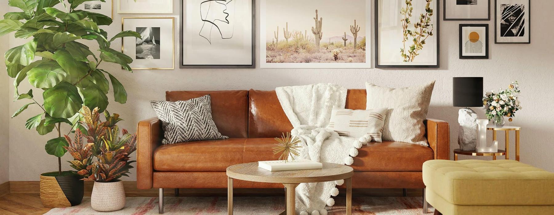 a living room with a couch and a table